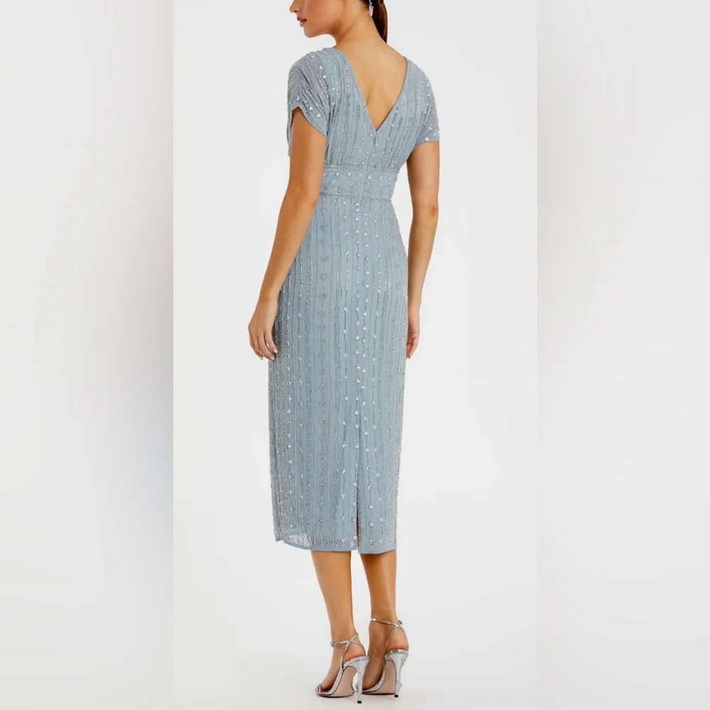 Mac Duggal Beaded Cap Sleeve Colum Midi Dress in Slate Blue - Picture 2 of 11